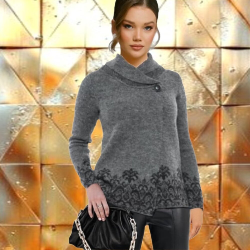 ADRIENNE VITTADINI Gray Black Lacy Design Wool Blend Knit Cardigan Sweater Sz M